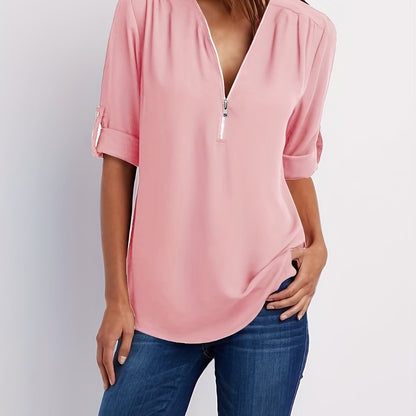 Blusa Frontal con Cremallera Sin Esfuerzo para Mujeres con Cuello en V y Manga con Tabulador, Estilo Túnica Relajada