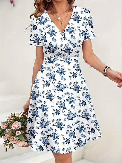 Vestido Midi Floral Azul Sin Esfuerzo para Mujeres con Escote en V y Mangas Volantes, Estilo Ajustado y Acampanado