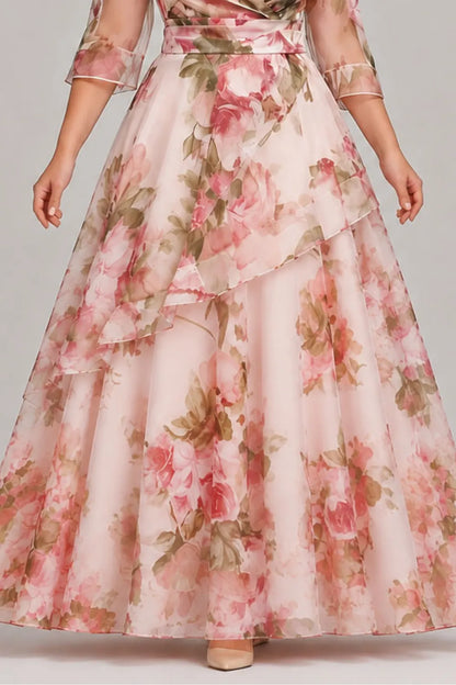Elegante Vestido Maxi Floral Rosa para Mujeres con Escote en V, Manga de Campana, Estilo de Invitada de Boda con Volantes en Capas