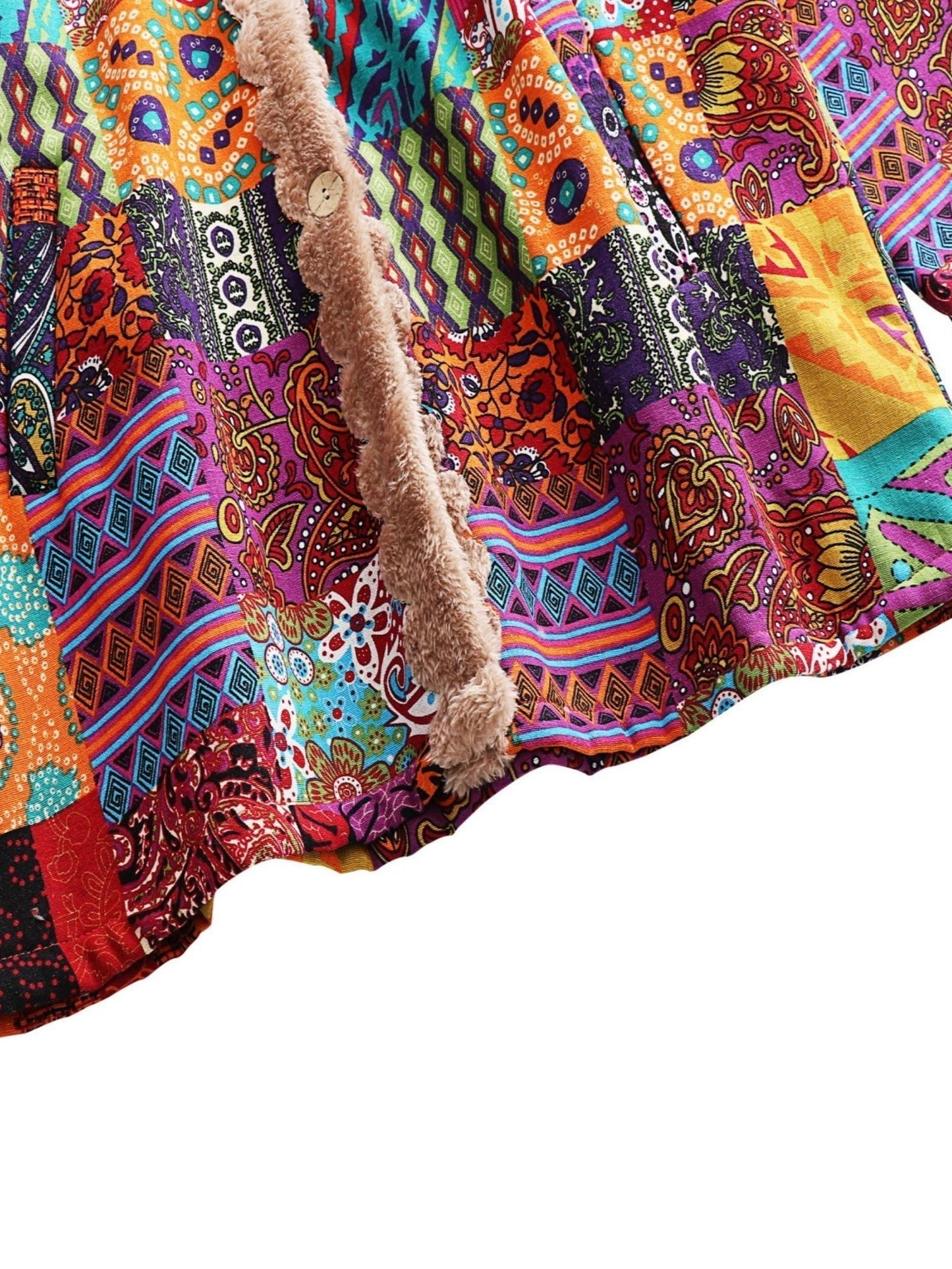Abrigo de forro polar con estampado de patchwork sin esfuerzo para mujeres, con capucha, manga larga, frente abotonado y estilo bohemio oversized
