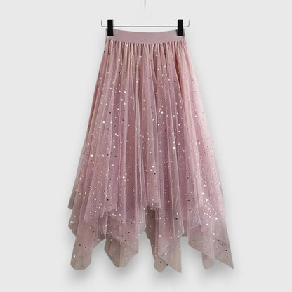 Falda Midi Elegante para Mujeres con Cintura Alta Elástica de Tul Brillante y Dobladillo Asimétrico Estilo Casual