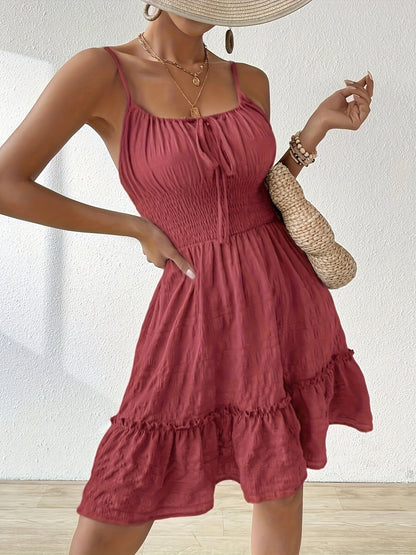 Vestido Mini Fruncido Sin Esfuerzo para Mujeres con Escote Cuadrado, Tirantes de Espagueti y Volantes en Estilo Bohemio