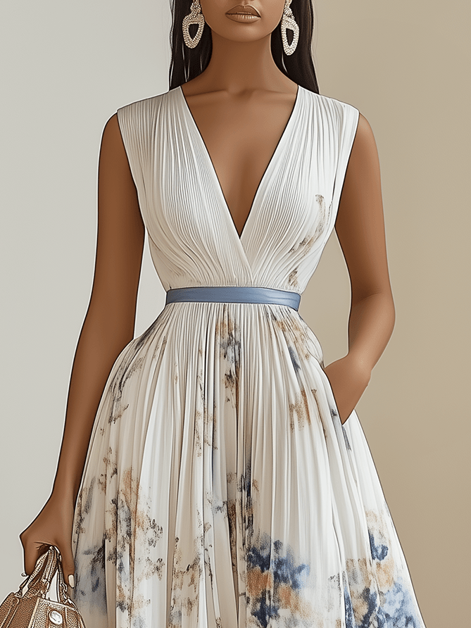 Elegante vestido midi blanco con tie dye para mujeres con escote en V, sin mangas, estilo invitada de boda