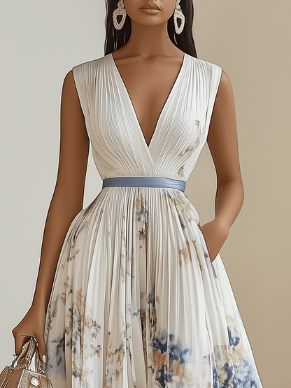 Elegante vestido midi blanco con tie dye para mujeres con escote en V, sin mangas, estilo invitada de boda