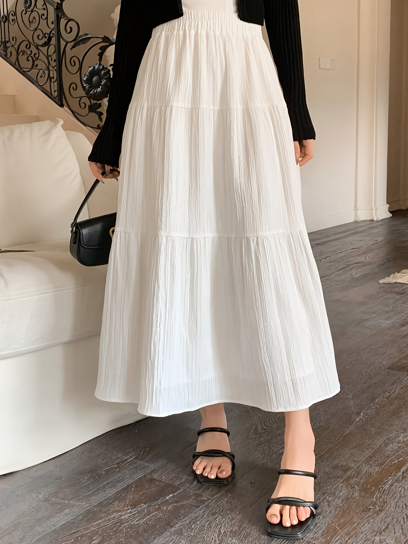 Falda Maxi Blanca de Capas Elegante para Mujeres con Cintura Alta Elástica Estilo A Line Fluyente