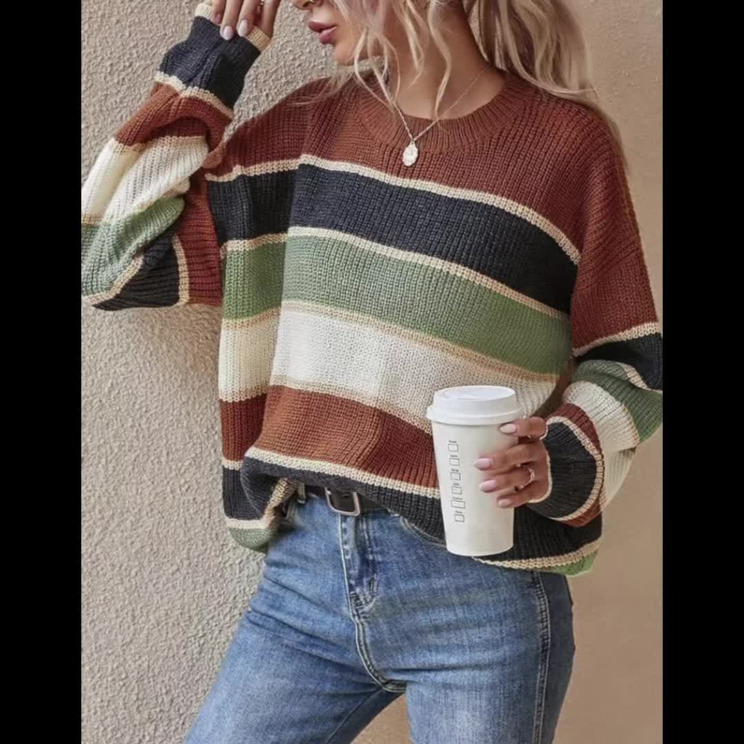 Suéter de rayas color bloque cómodo para mujeres con cuello redondo, manga larga y estilo de punto relajado y oversize