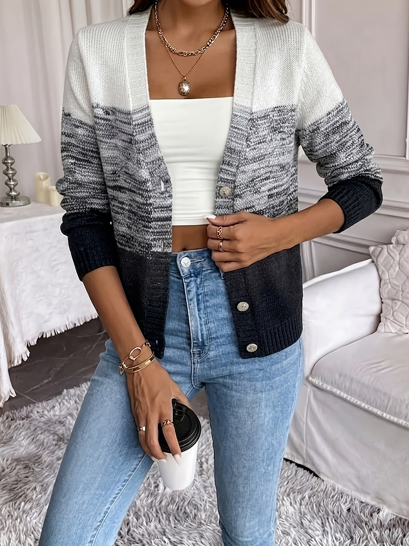Suéter Cardigan de Tejido Espacial Cómodo para Mujeres con Cuello en V, Manga Larga y Botones en la Parte Frontal