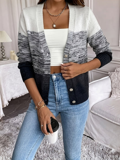 Suéter Cardigan de Tejido Espacial Cómodo para Mujeres con Cuello en V, Manga Larga y Botones en la Parte Frontal