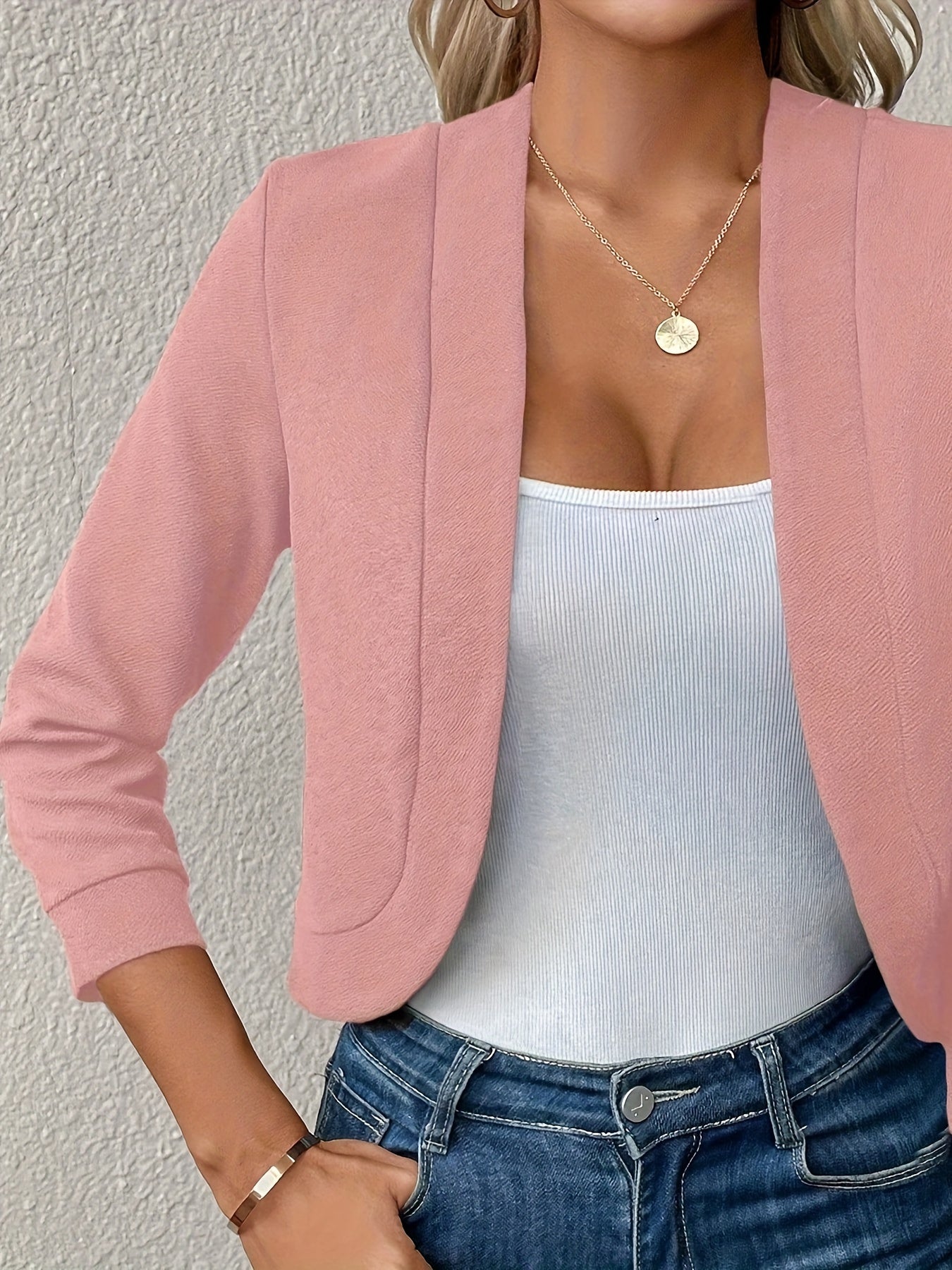 Chaqueta Cortada Abierta para Mujeres con Manga de Codo y Puño Acanalado - Estilo Relajado para Capas