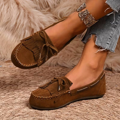 Zapatos de Casa Cómodos para Mujeres con Moño de Flecos Estilo Mocasín Sin Cordones