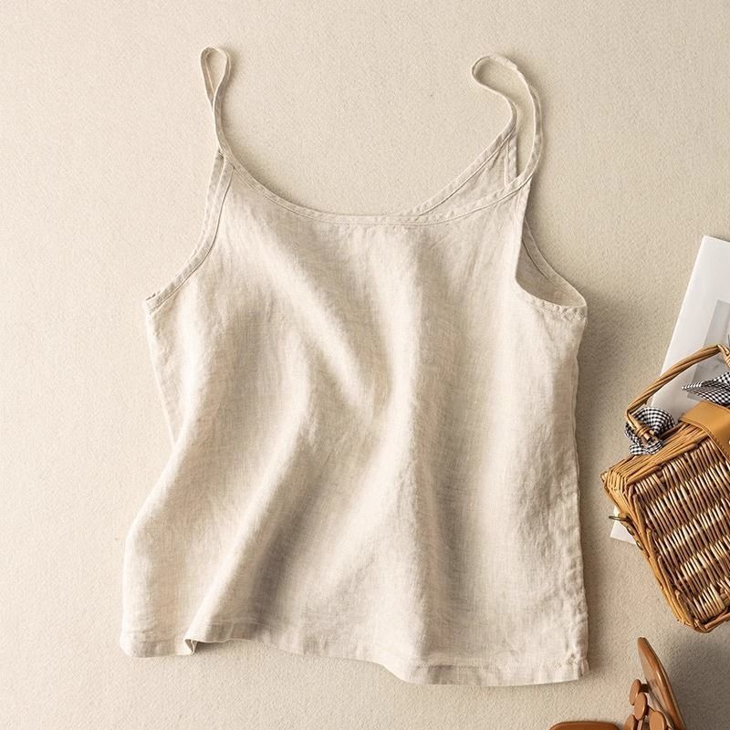 Top sin mangas de lino para mujer con escote redondeado, estilo casual y relajado