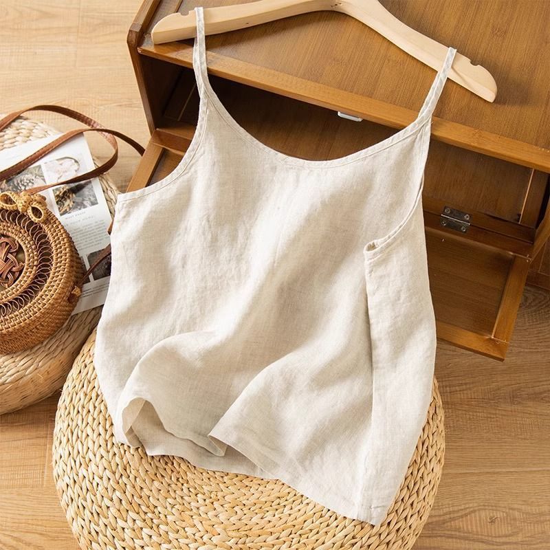 Top sin mangas de lino para mujer con escote redondeado, estilo casual y relajado