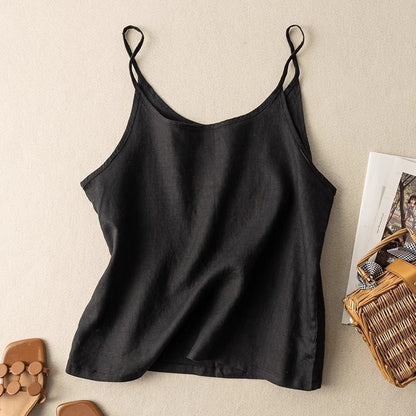 Top sin mangas de lino para mujer con escote redondeado, estilo casual y relajado