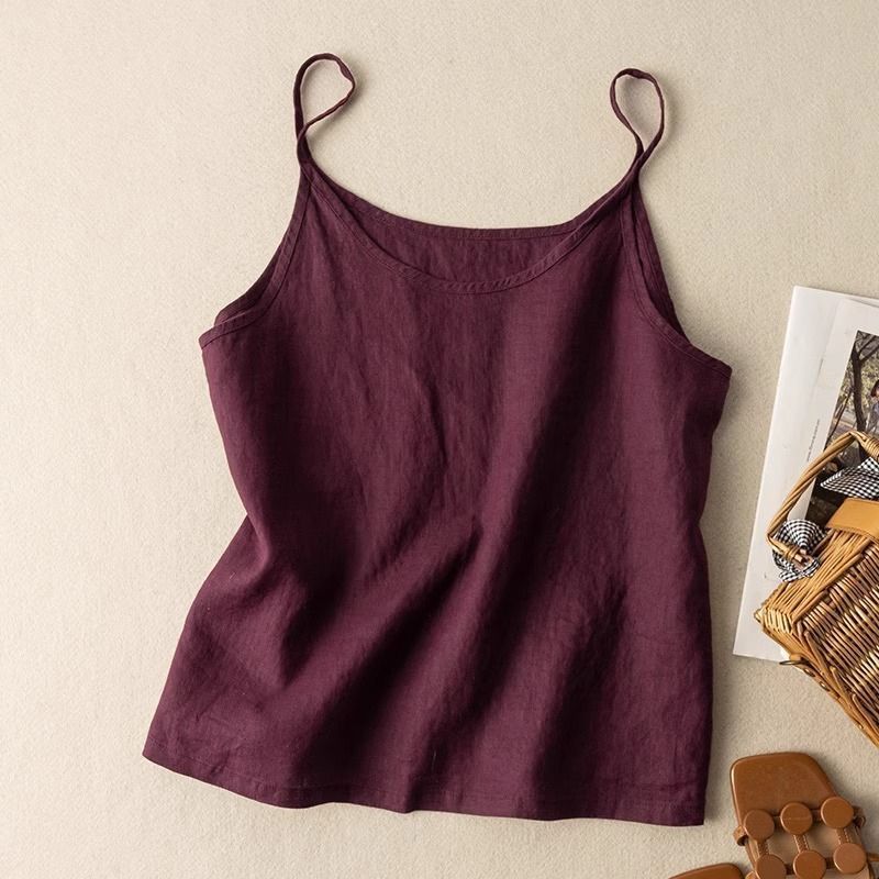 Top sin mangas de lino para mujer con escote redondeado, estilo casual y relajado