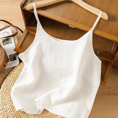 Top sin mangas de lino para mujer con escote redondeado, estilo casual y relajado