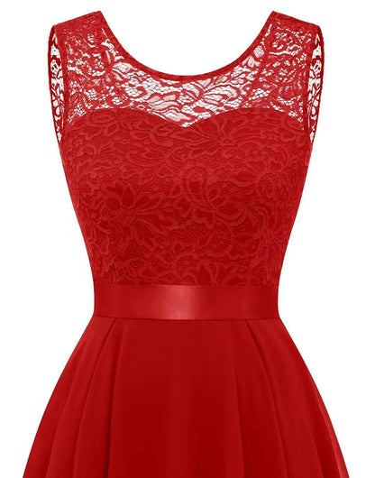 Vestido Elegante de Encaje Alto-Bajo para Mujeres con Cuello Redondo, Sin Mangas, Estilo Formal para Invitadas de Boda