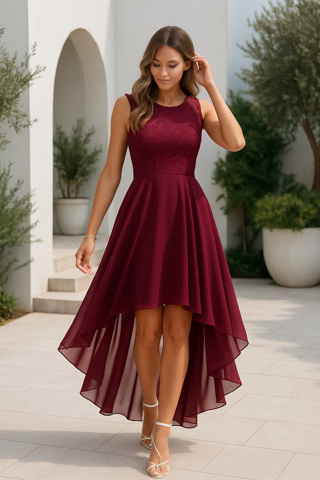 Vestido Elegante de Encaje Alto-Bajo para Mujeres con Cuello Redondo, Sin Mangas, Estilo Formal para Invitadas de Boda