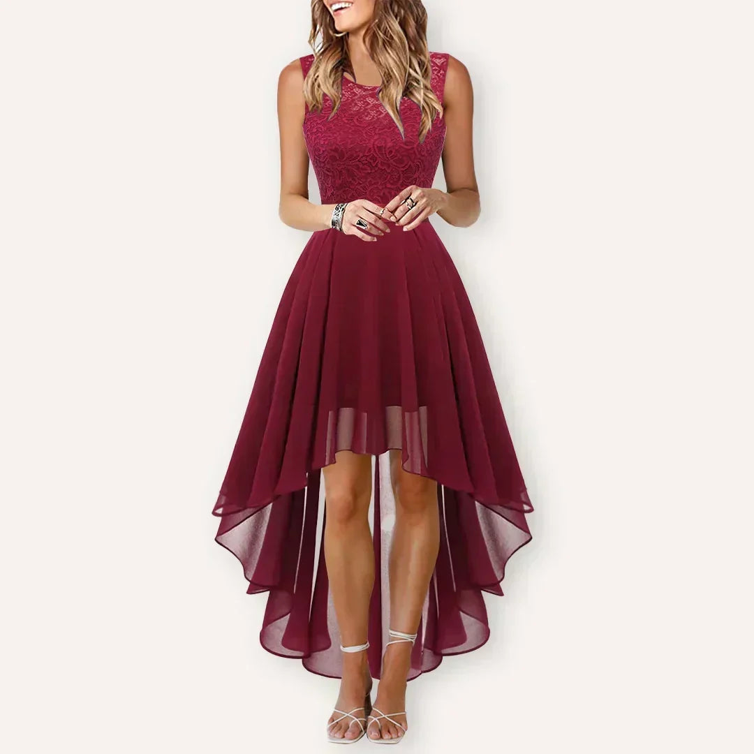 Vestido Elegante de Encaje Alto-Bajo para Mujeres con Cuello Redondo, Sin Mangas, Estilo Formal para Invitadas de Boda