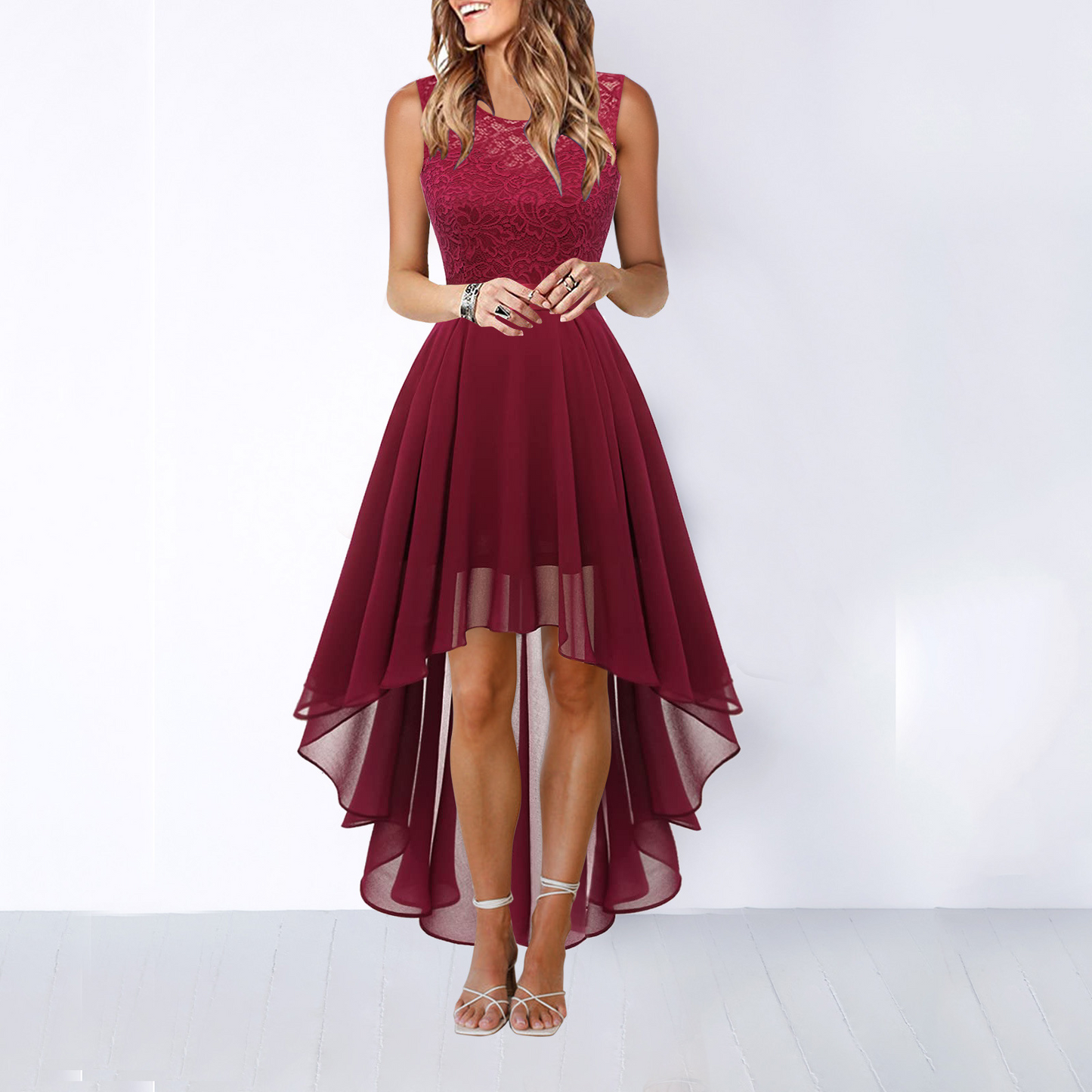 Vestido Elegante de Encaje Alto-Bajo para Mujeres con Cuello Redondo, Sin Mangas, Estilo Formal para Invitadas de Boda