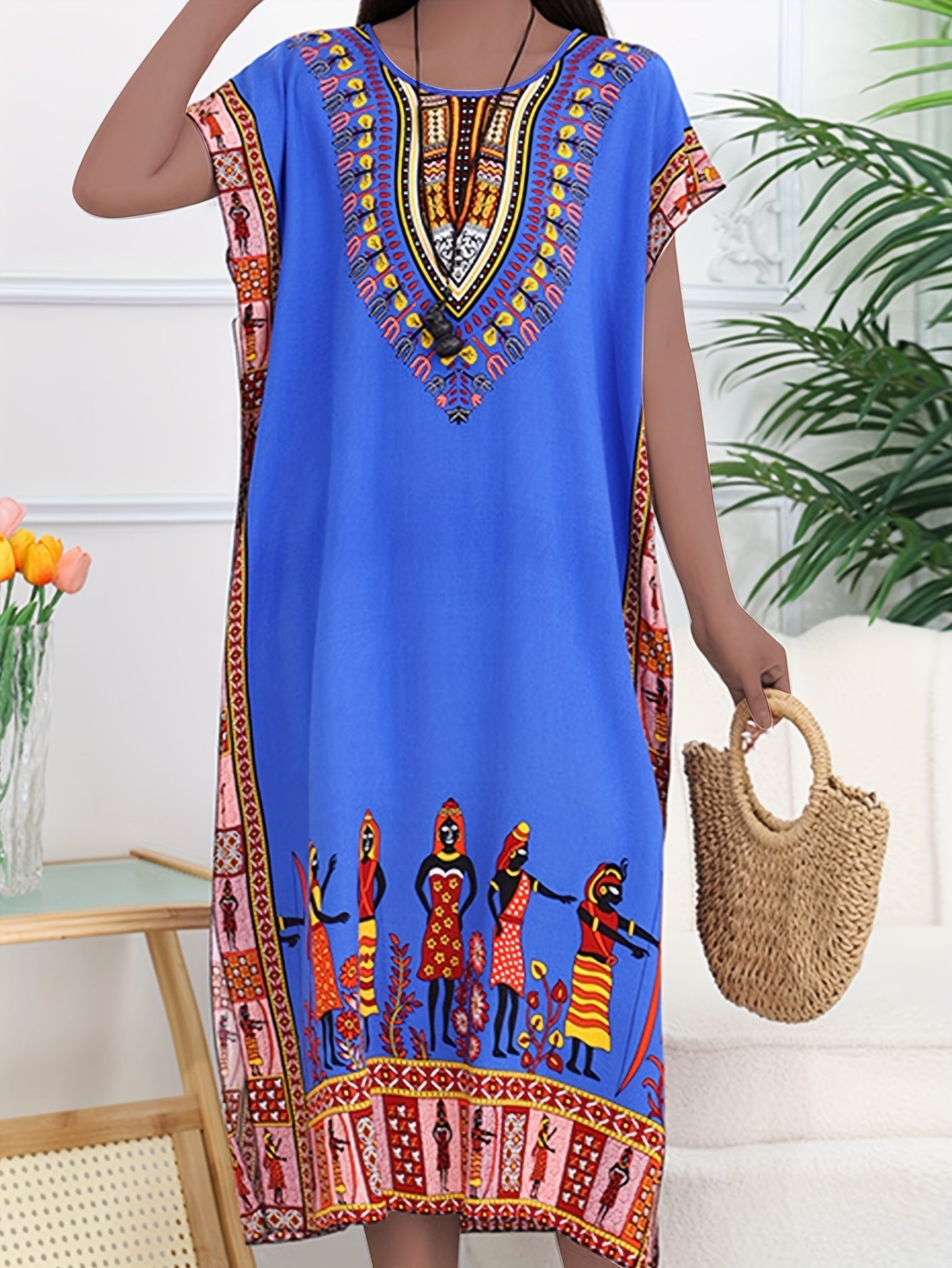 Vestido Kaftán de Impresión Tribal Sin Esfuerzo para Mujeres con Escote en V y Manga Corta Estilo Bohemio