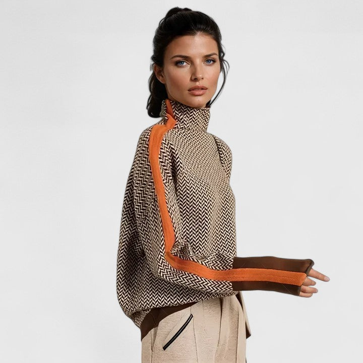 Suéter de Punto en Espiga Cómodo para Mujeres con Cuello Alto, Manga Larga, Estilo Oversized y a Rayas