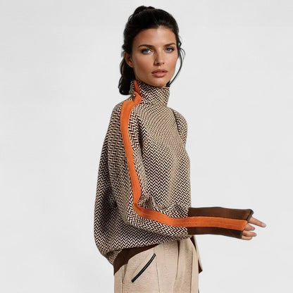Suéter de Punto en Espiga Cómodo para Mujeres con Cuello Alto, Manga Larga, Estilo Oversized y a Rayas