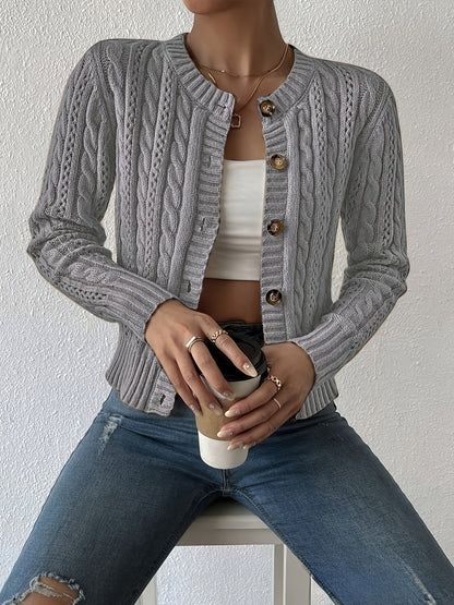 Suéter Cardigan de Punto de Cable Cómodo para Mujeres con Cuello Redondo, Manga Larga, Botones Frontal y Estilo Corto Casual