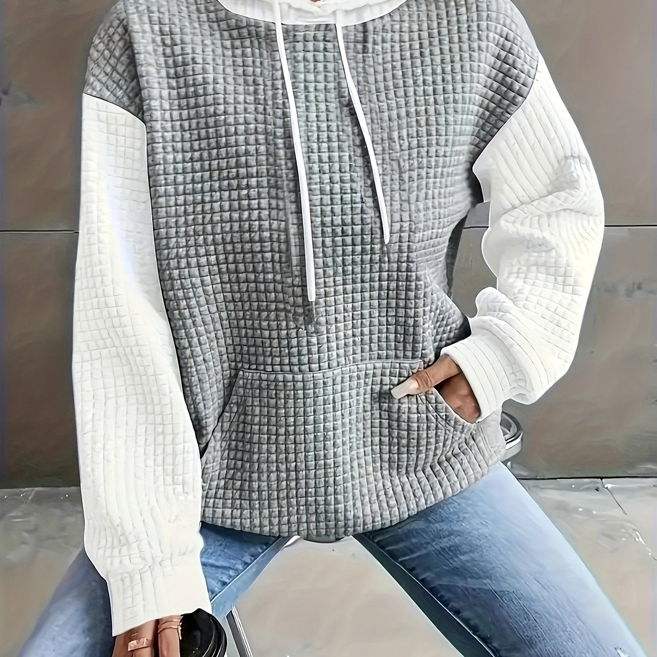 Sudadera Texturizada Colorblock Cómoda para Mujeres con Capucha Ajustable, Manga Larga y Bolsillo Canguro, Estilo Oversized