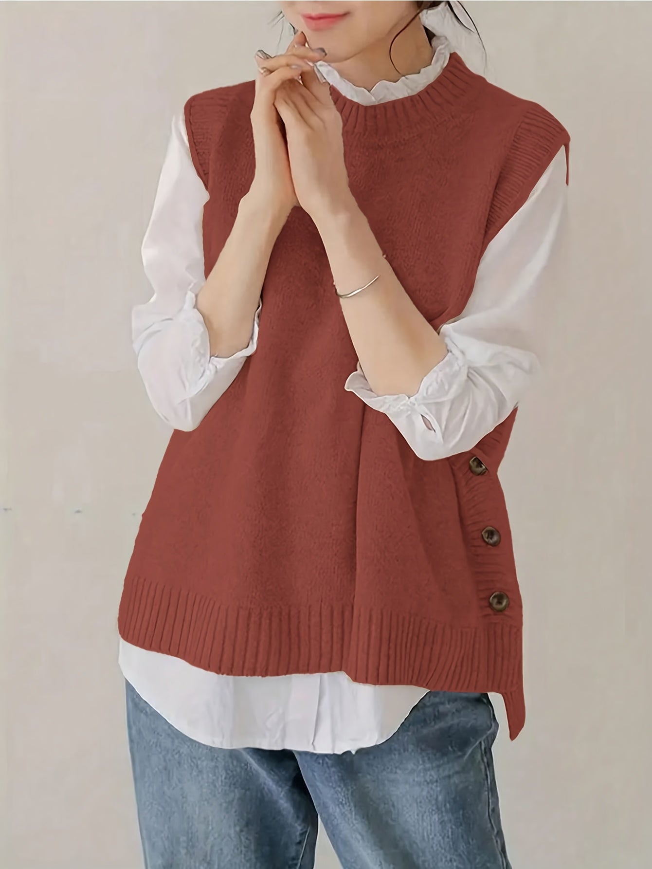 Chaleco de Punto Acanalado Cómodo para Mujeres con Cuello Alto Sin Mangas y Estilo Relajado con Botones Lateral