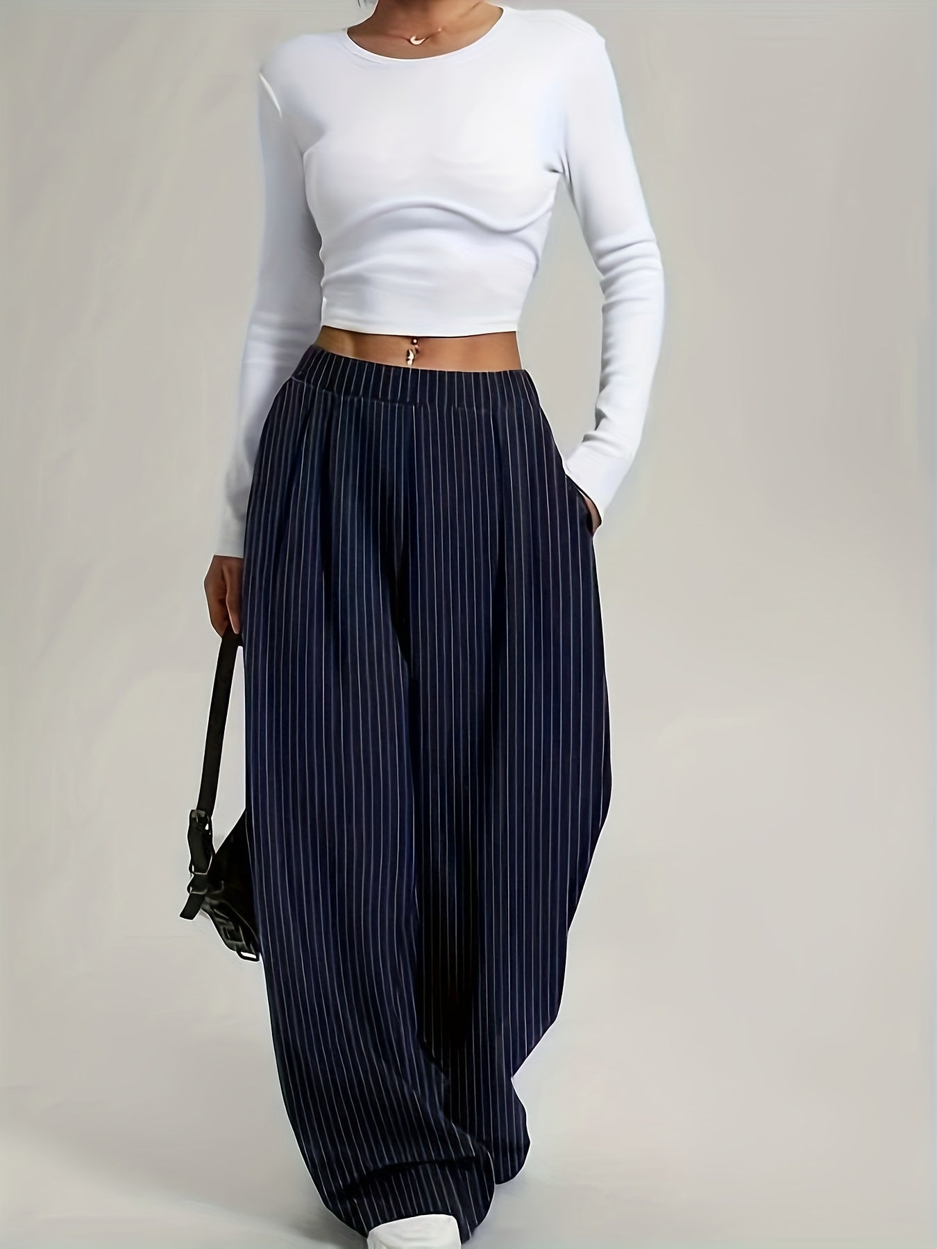 Pantalones Anchos de Rayas Marineras para Mujeres con Cintura Alta y Estilo Casual Plisado Sin Esfuerzo