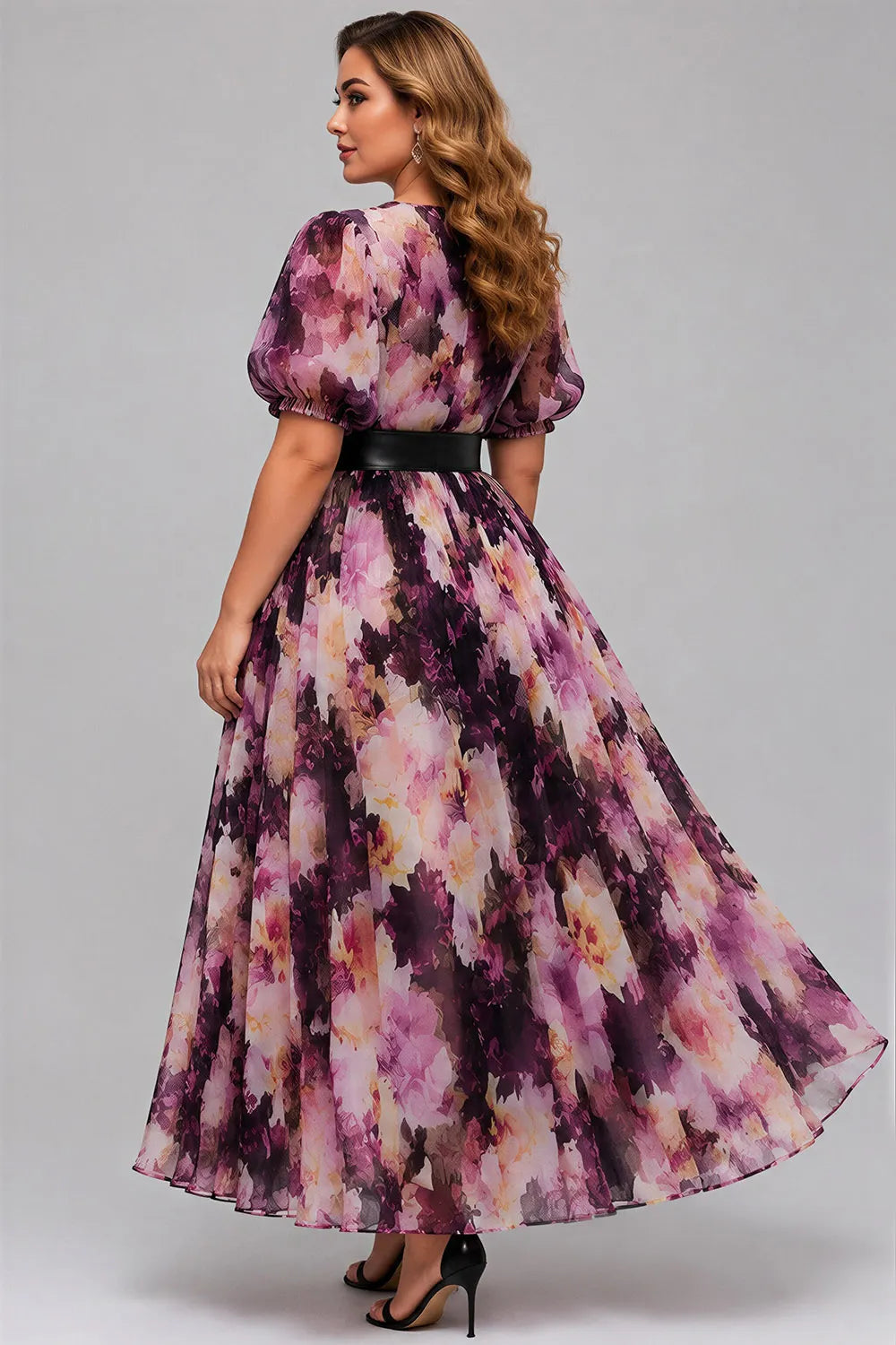 Elegante Vestido Maxi Floral Púrpura para Mujeres con Escote en V, Mangas Abullonadas y Cinturón para Invitadas de Boda
