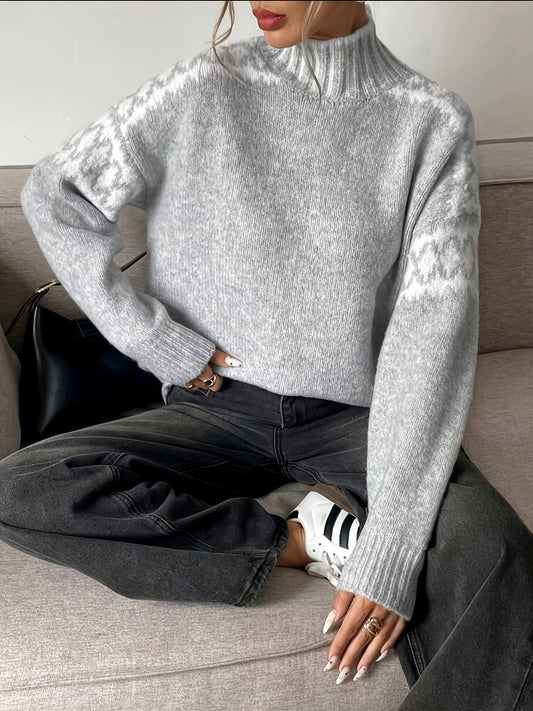 Suéter Gris Marlado Cómodo para Mujeres con Cuello Alto y Mangas Largas, Estilo Relajado y Oversized