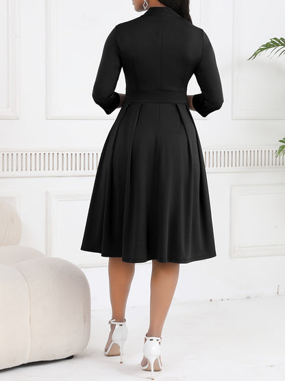 Vestido Midi Elegante con Lazo para Mujeres con Cuello Alto, Manga de Codo y Estilo Plisado