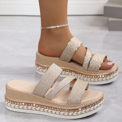 Sandalias de Plataforma de Oro Cómodas para Mujeres con Doble Correa Estilo Espadrille Trenzado