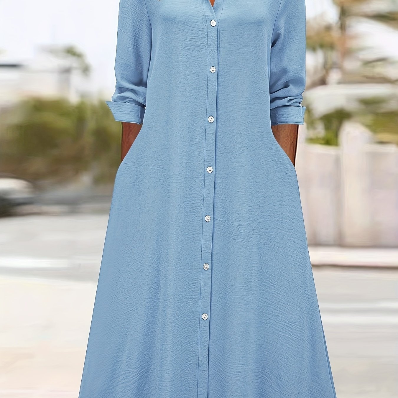 Vestido Camisa Elegante de Botones Frontal para Mujeres con Cuello y Manga Larga Estilo A Linea Fluyente