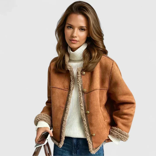 Chaqueta de Piel Suede Marrón Elegante para Mujeres con Cuello Redondo, Manga Larga, Botones Frontal, Estilo Corto