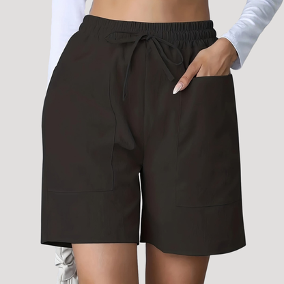 Pantalones Cortos de Bermuda Sin Esfuerzo para Mujeres con Cintura Alta, Cuerda Ajustable, Bolsillos de Parche y Estilo Casual Relajado