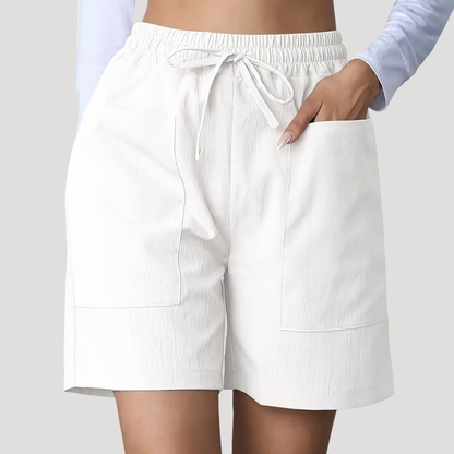 Pantalones Cortos de Bermuda Sin Esfuerzo para Mujeres con Cintura Alta, Cuerda Ajustable, Bolsillos de Parche y Estilo Casual Relajado