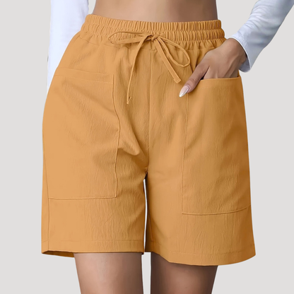 Pantalones Cortos de Bermuda Sin Esfuerzo para Mujeres con Cintura Alta, Cuerda Ajustable, Bolsillos de Parche y Estilo Casual Relajado