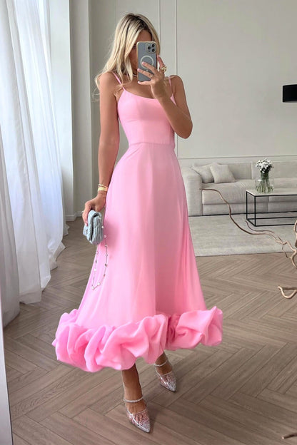 Vestido Midi Elegante con Volantes para Mujeres con Cuello Cuadrado y Tirantes de Espagueti Estilo A Línea para Invitadas de Boda
