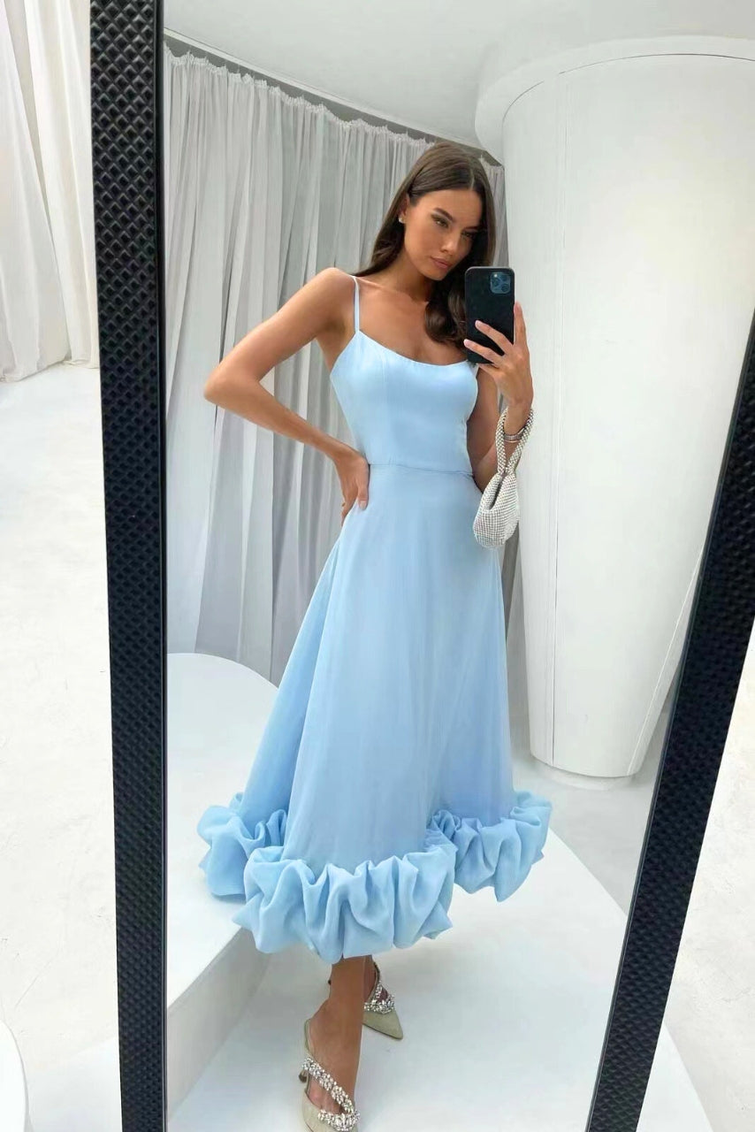 Vestido Midi Elegante con Volantes para Mujeres con Cuello Cuadrado y Tirantes de Espagueti Estilo A Línea para Invitadas de Boda