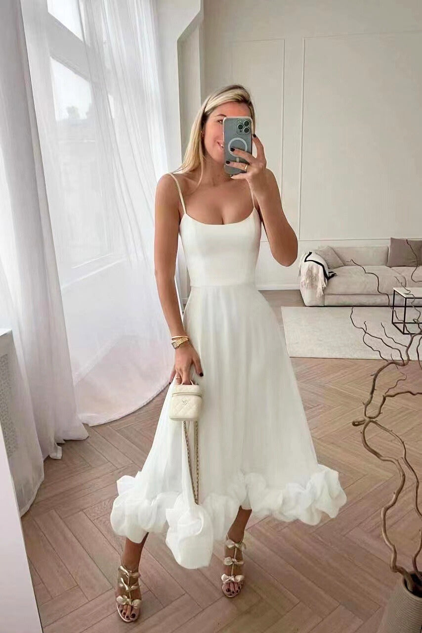 Vestido Midi Elegante con Volantes para Mujeres con Cuello Cuadrado y Tirantes de Espagueti Estilo A Línea para Invitadas de Boda