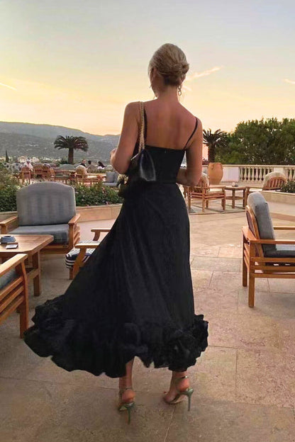 Vestido Midi Elegante con Volantes para Mujeres con Cuello Cuadrado y Tirantes de Espagueti Estilo A Línea para Invitadas de Boda