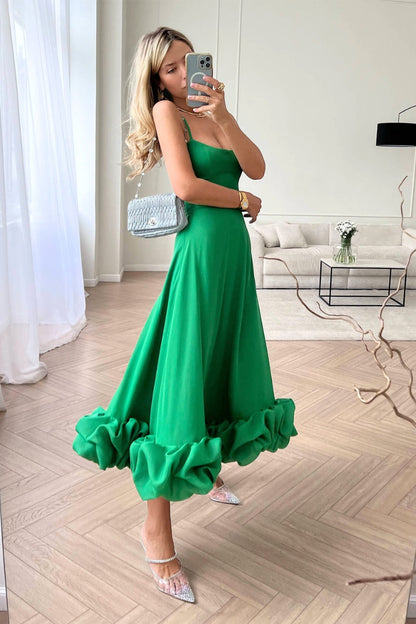 Vestido Midi Elegante con Volantes para Mujeres con Cuello Cuadrado y Tirantes de Espagueti Estilo A Línea para Invitadas de Boda