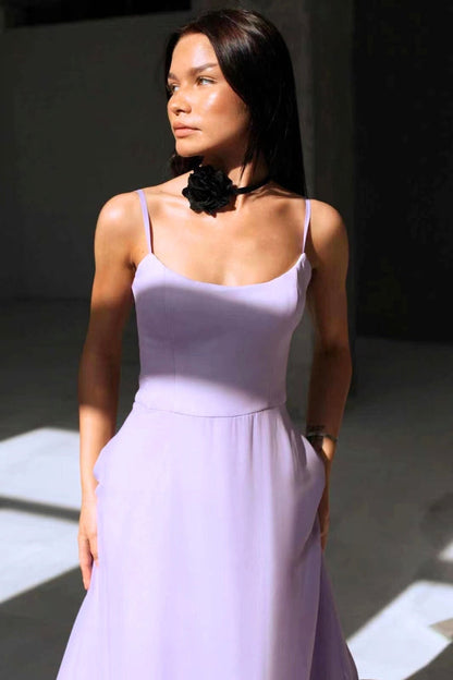 Vestido Midi Elegante con Volantes para Mujeres con Cuello Cuadrado y Tirantes de Espagueti Estilo A Línea para Invitadas de Boda