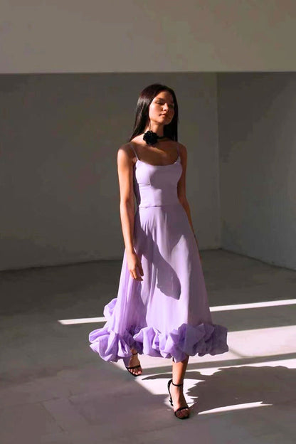 Vestido Midi Elegante con Volantes para Mujeres con Cuello Cuadrado y Tirantes de Espagueti Estilo A Línea para Invitadas de Boda