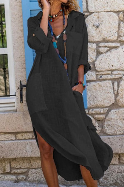 Vestido Maxi de Lino Sin Esfuerzo para Mujeres con Cuello y Manga Larga, Estilo Bohemio
