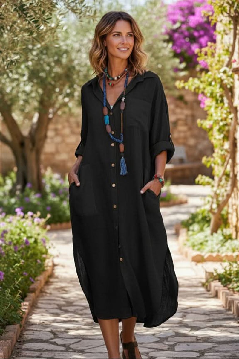 Vestido Maxi de Lino Sin Esfuerzo para Mujeres con Cuello y Manga Larga, Estilo Bohemio