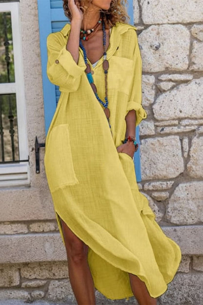 Vestido Maxi de Lino Sin Esfuerzo para Mujeres con Cuello y Manga Larga, Estilo Bohemio