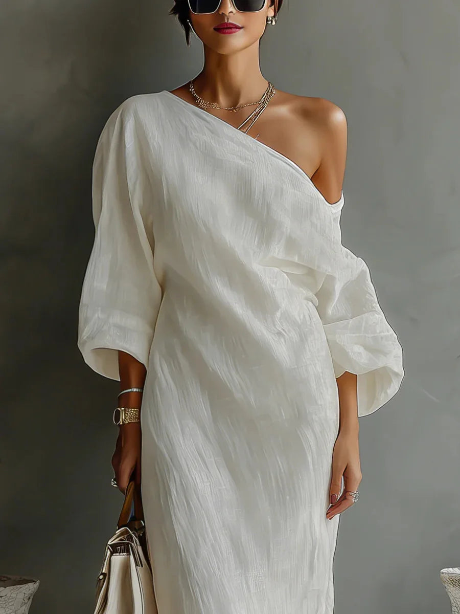 Vestido Maxi de Lino Sin Esfuerzo para Mujeres con Manga Batwing de Un Hombro y Estilo Drapado y Fluyente